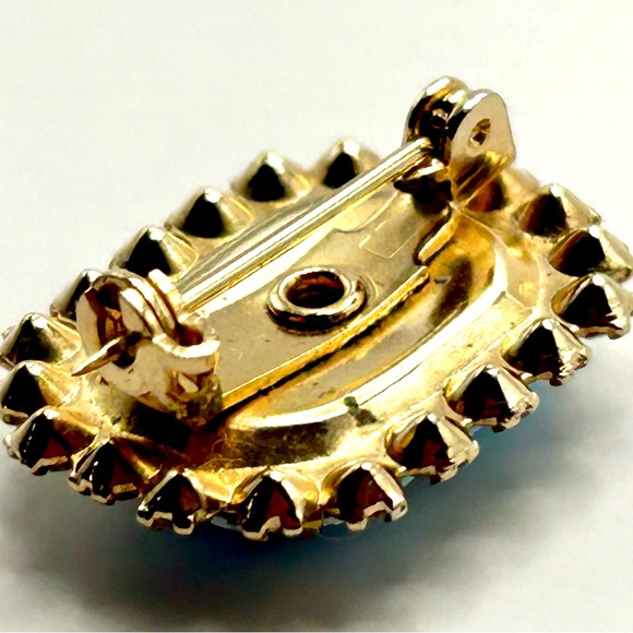 Vintage Guilloche Mid Century Rectangular Enamel Rhinestone Pin Blue Small 50’s - Picture 13 of 14